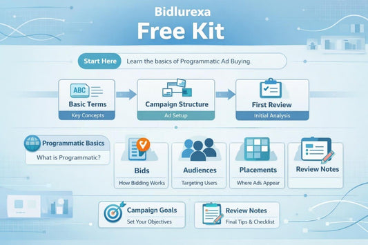 Bidlurexa Free Kit for Programmatic Ad Buying with educational icons and text on a blue background