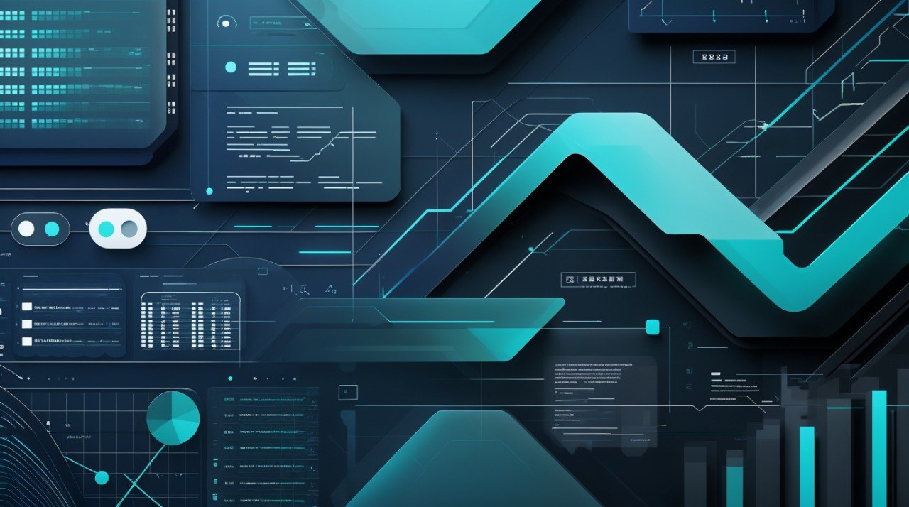 Teal and black futuristic interface design with various screens and graphs.