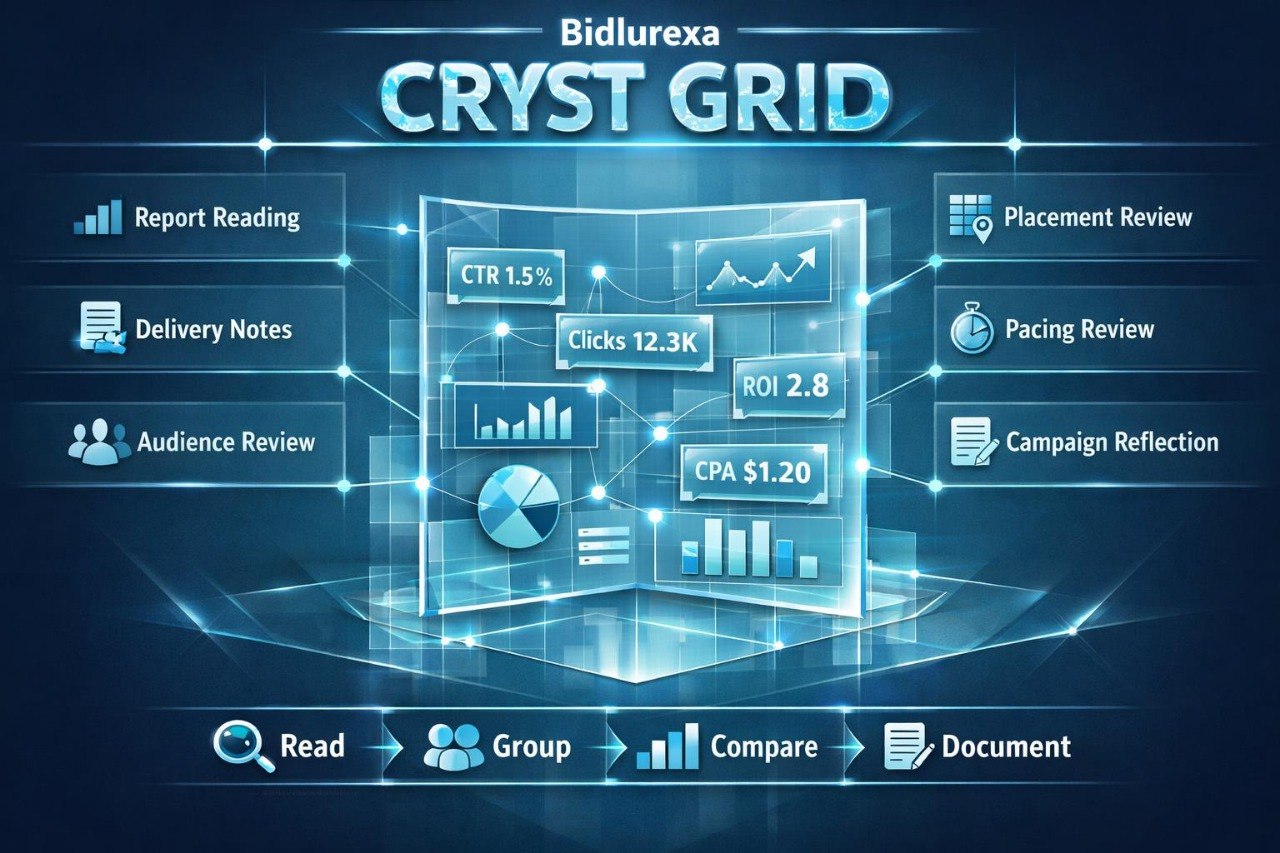 Bidlurexa Cryst Grid software interface with digital analytics and reporting features on a dark blue background.
