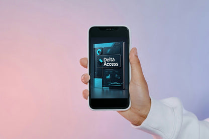 Hand holding a smartphone with 'Delta Access' app displayed on a gradient background