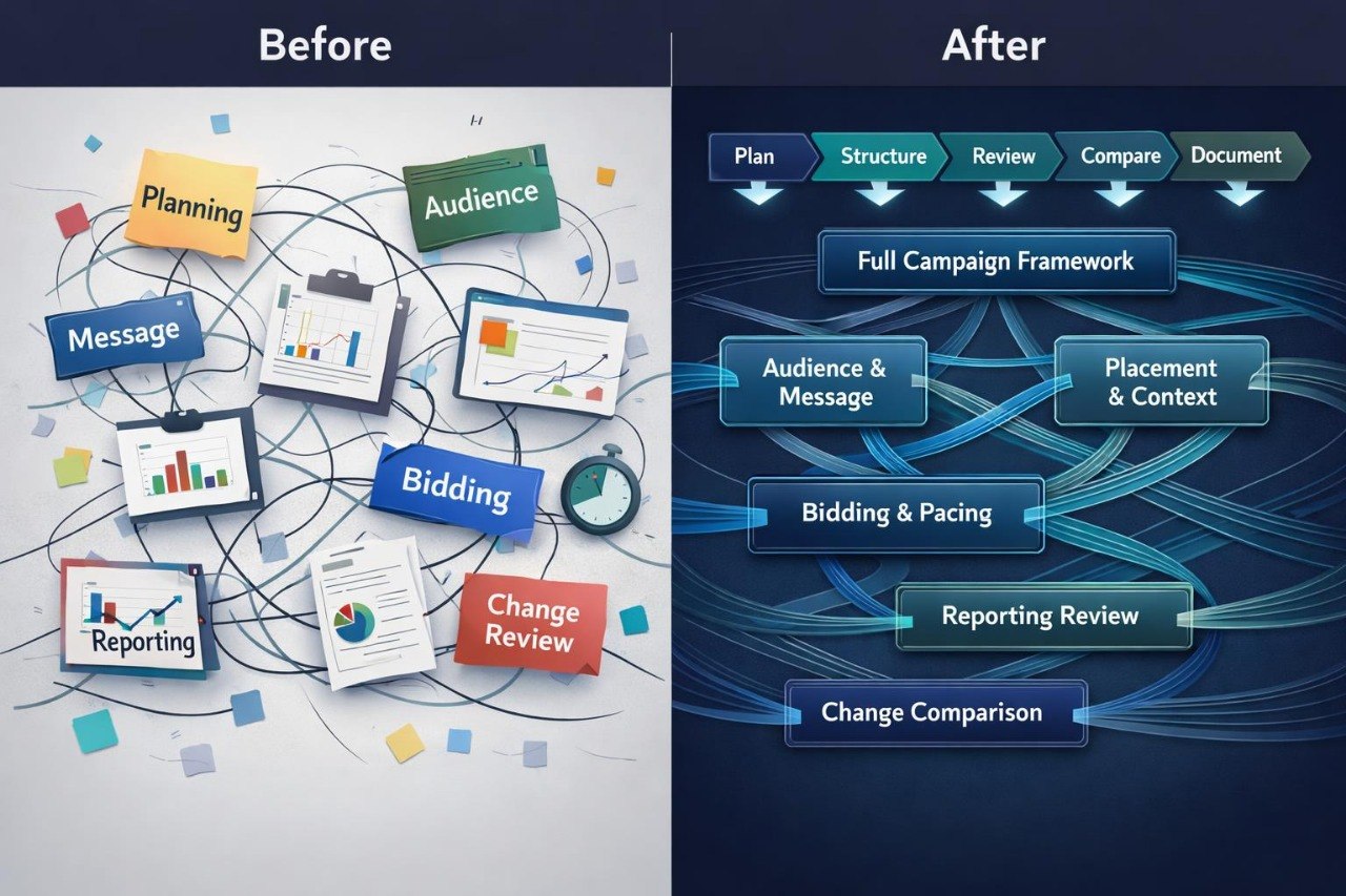 Before and after comparison of a complex diagram with text labels on a blue background.