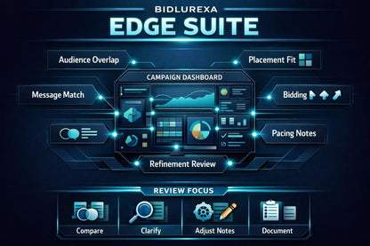 Bidlurexa Edge Suite interface with various features on a dark background