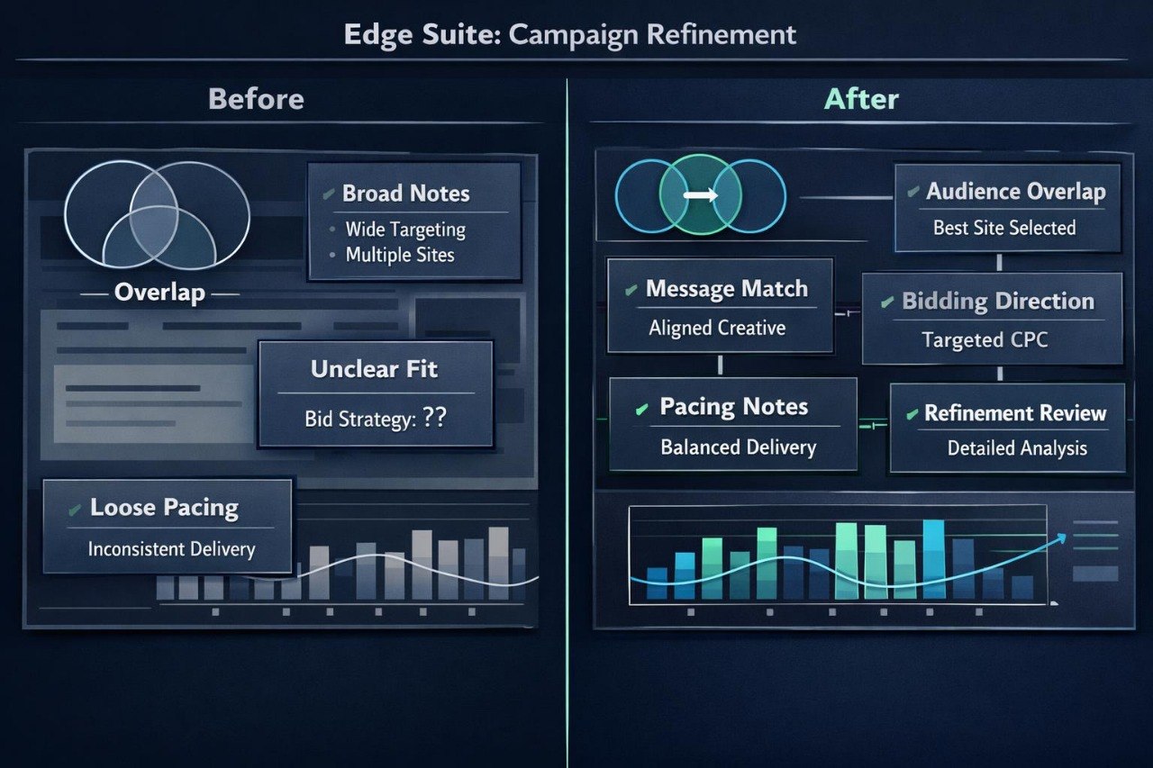 Before and after comparison of campaign refinement in Edge Suite with visual elements and text.
