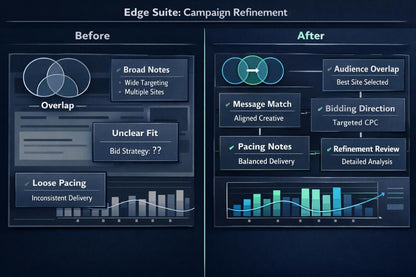 Before and after comparison of campaign refinement in Edge Suite with visual elements and text.