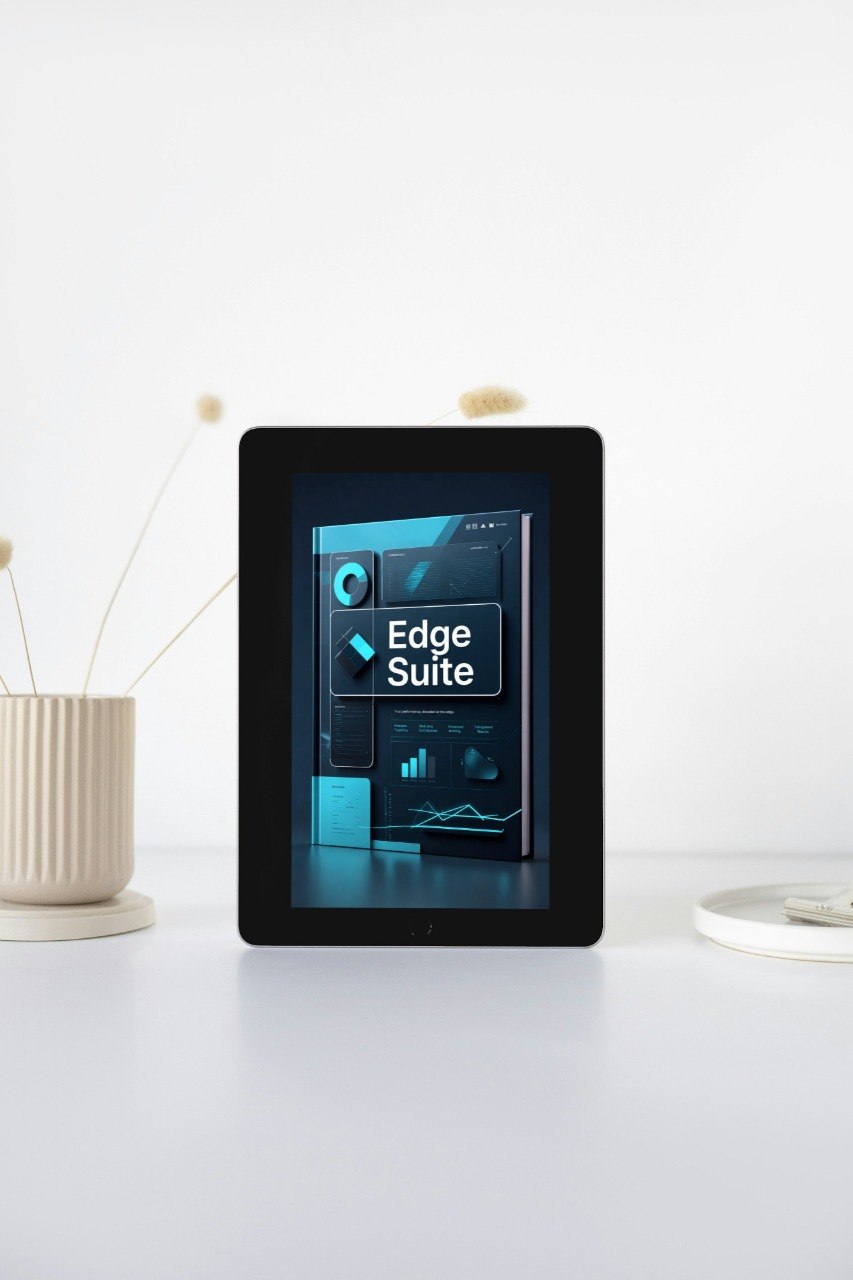 Digital tablet displaying 'Edge Suite' on a white surface with decorative items.