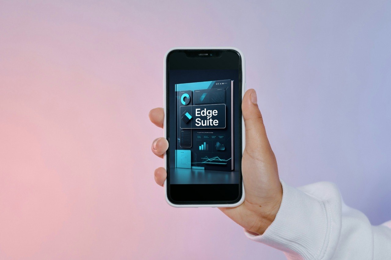 Hand holding a smartphone with 'Edge Suite' app displayed on a gradient background