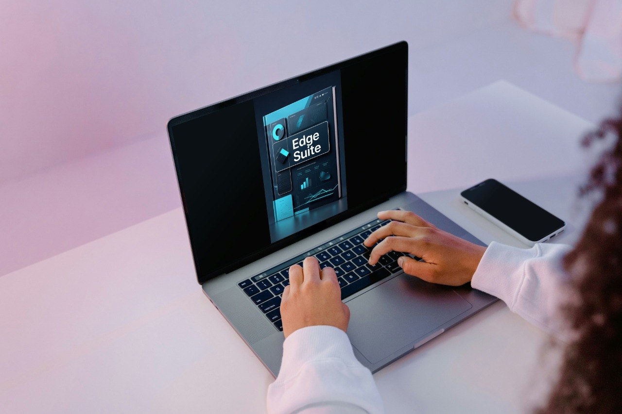 Person using a laptop with 'Edge Suite' on the screen, sitting at a desk.