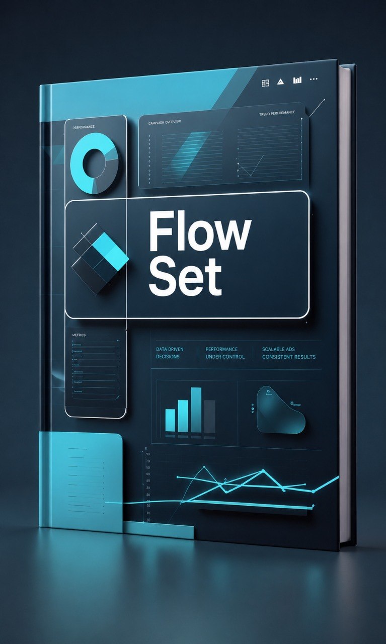 Book titled 'Flow Set' with futuristic design elements on a dark background
