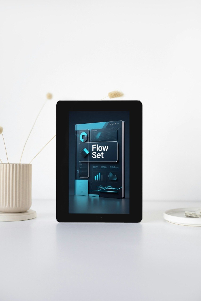 Digital tablet displaying 'Flow Set' on a white surface with decorative elements.
