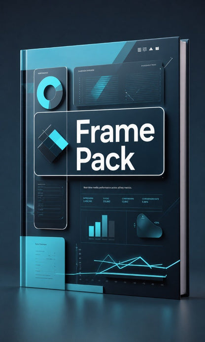 Book titled 'Frame Pack' with futuristic design elements on a dark background