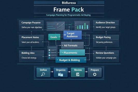Diagram of Bidlurexa Frame Pack campaign planning for programmatic ad buying on a dark background.