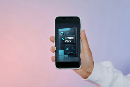 Hand holding a smartphone with an app interface on a gradient background