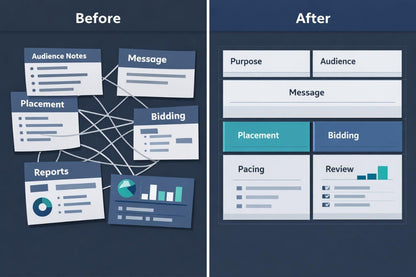 Before and after comparison of a diagram with text labels on a blue background