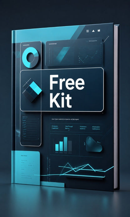 Futuristic notebook with 'Free Kit' text on a dark background