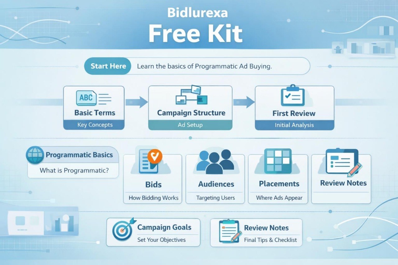 Bidlurexa Free Kit for Programmatic Ad Buying with educational icons and text on a blue background