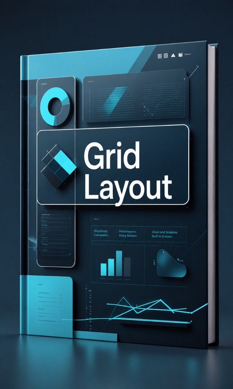 Book cover with 'Grid Layout' text and grid design elements on a dark background