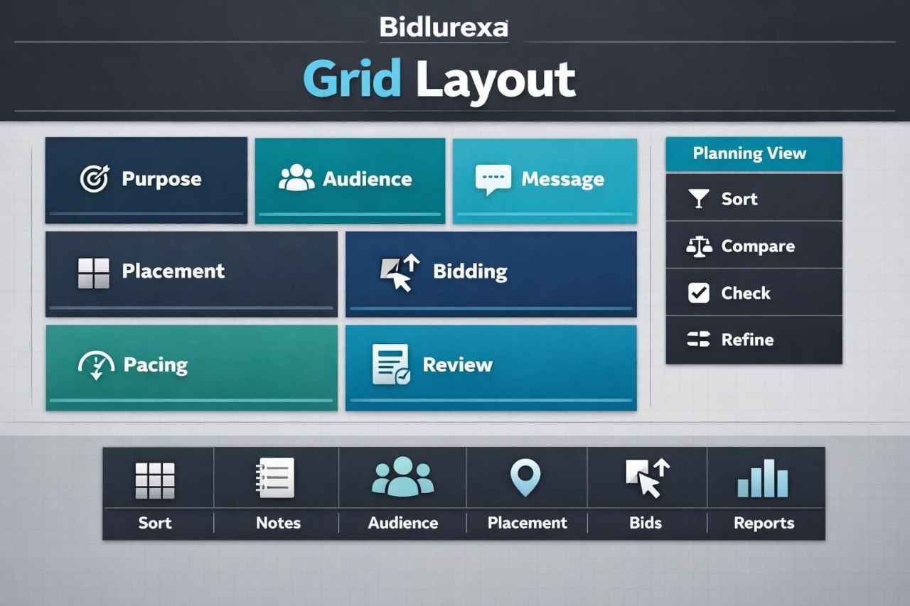 Grid layout with Bidlurexa branding and various options on a dark background