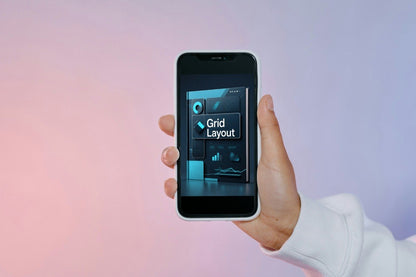 Hand holding a smartphone with a grid layout app on a gradient background