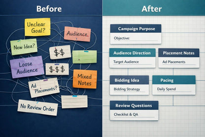 Comparison of 'Before' and 'After' planning stages with sticky notes and structured templates.