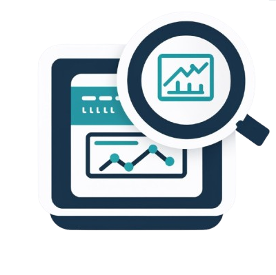 Icon of a magnifying glass over a computer screen with graphs, symbolizing data analysis or inspection.