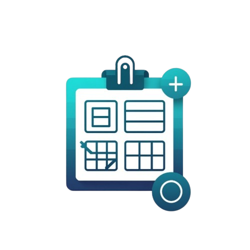 Icon of a clipboard with various layout options on a white background