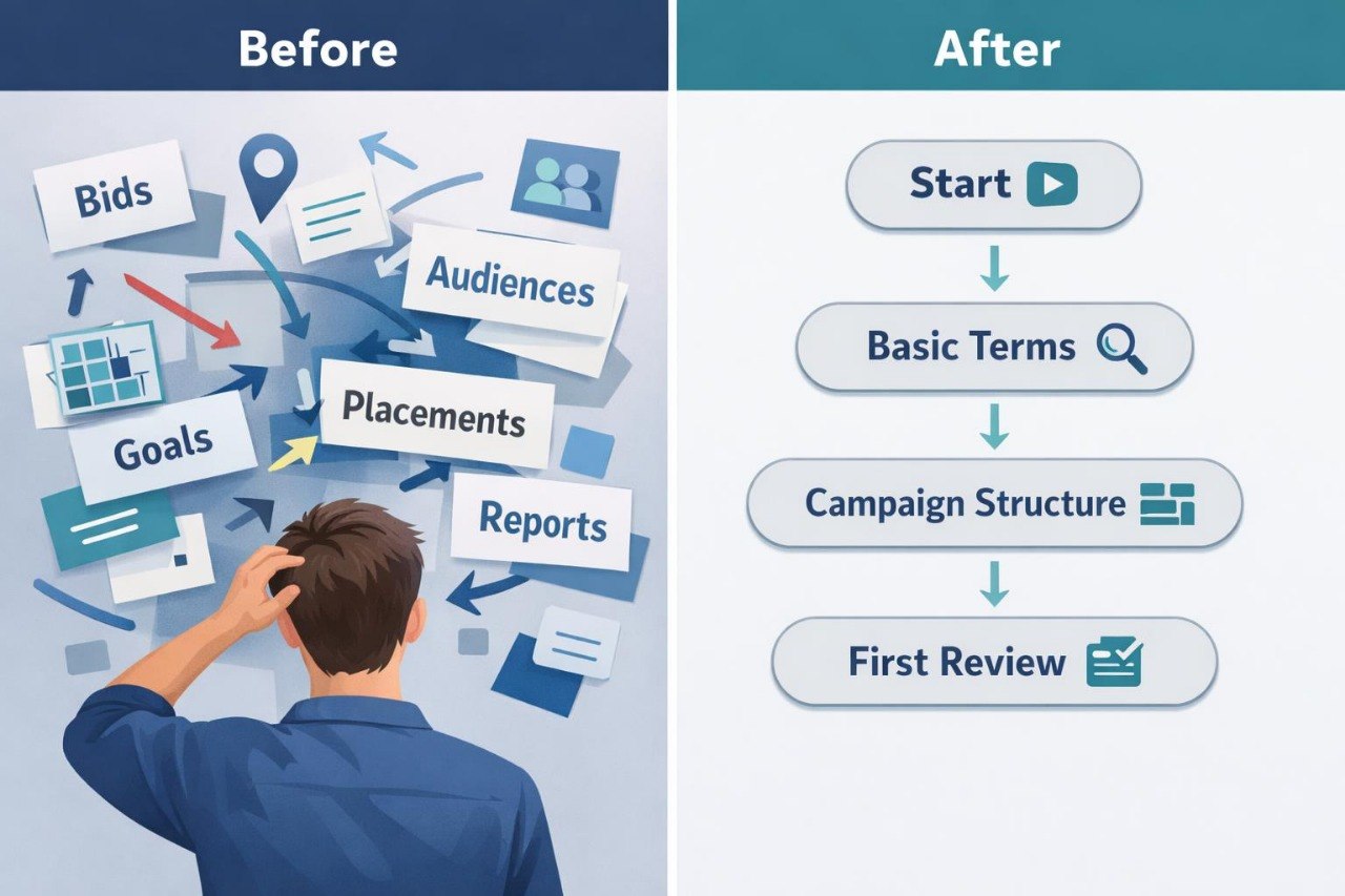 Before and after comparison of a digital marketing process with a person looking confused on the left and a step-by-step guide on the right.