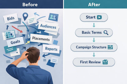 Before and after comparison of a digital marketing process with a person looking confused on the left and a step-by-step guide on the right.