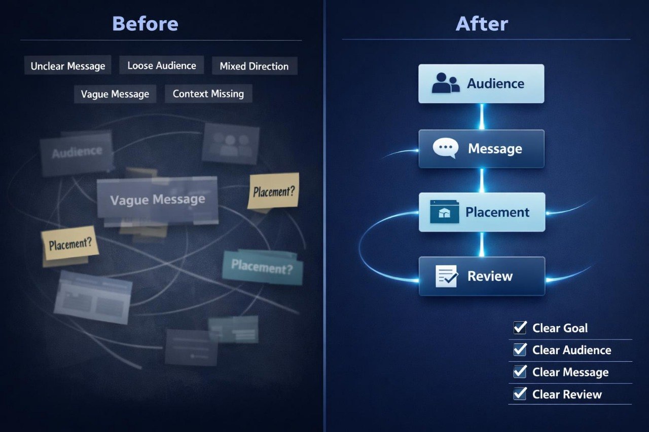 Before and after comparison of a communication strategy diagram on a dark background.