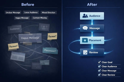 Before and after comparison of a communication strategy diagram on a dark background.