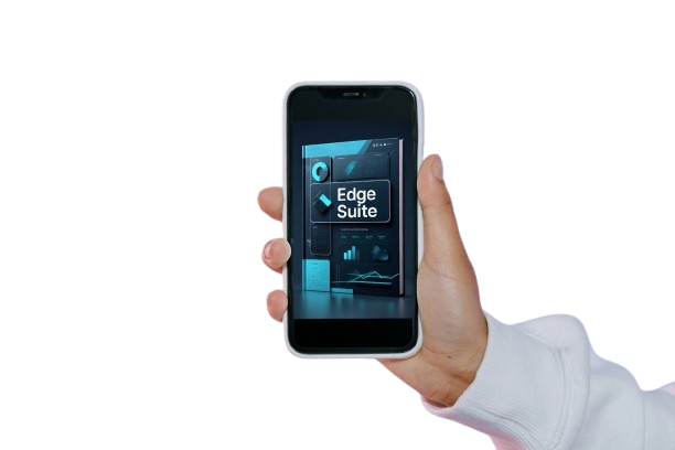 Hand holding a smartphone displaying the 'Edge Suite' app on a white background