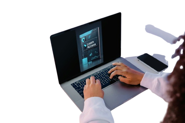 Person using a laptop with a screen displaying a software interface on a white background